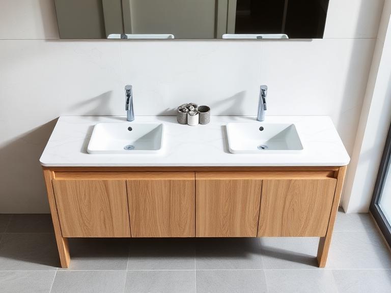 Monolith Stone Vanity — Carrara & oak, supplied and installed by Upstairs Construction & Design