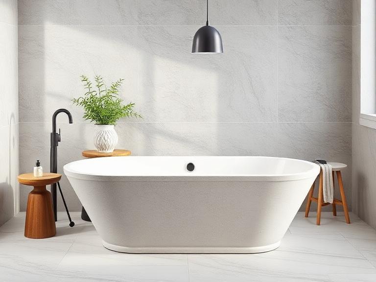 Ardent Freestanding Tub — Cast stone composite, supplied and installed by Upstairs Construction & Design