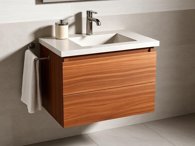 Calder Single Vanity — Walnut & limestone, supplied and installed by Upstairs Construction & Design