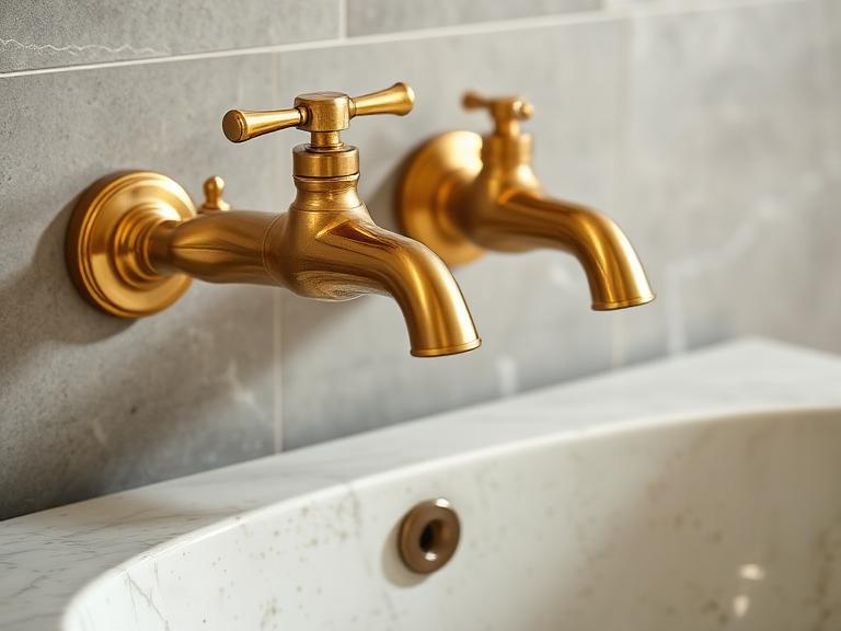 Aster Wall-Mount Basin Tap — Unlacquered brass, supplied and installed by Upstairs Construction & Design