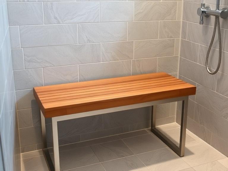 Solace Wet Room Bench — Teak & stainless, supplied and installed by Upstairs Construction & Design