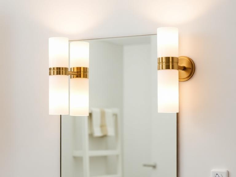 Halo Vanity Sconce Set — Opal glass & brass, supplied and installed by Upstairs Construction & Design