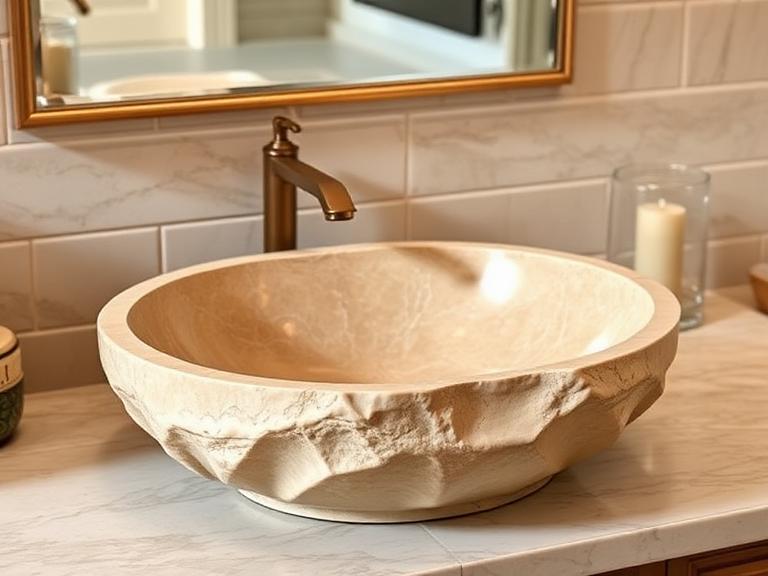 Quarry Stone Basin — Travertine, supplied and installed by Upstairs Construction & Design