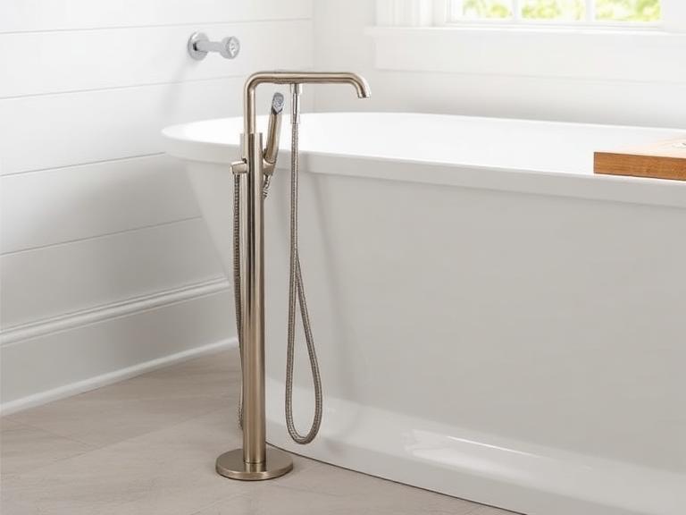 Verona Freestanding Tub Filler — Brushed nickel, supplied and installed by Upstairs Construction & Design