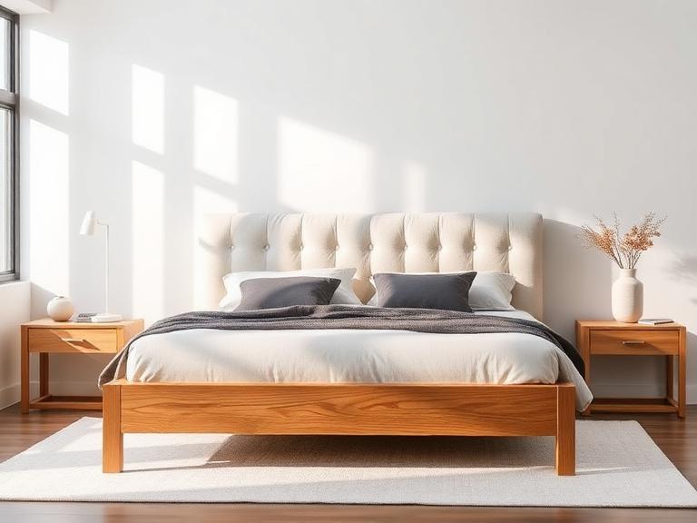 Aurora Upholstered Bed — Ash & linen, supplied and installed by Upstairs Construction & Design