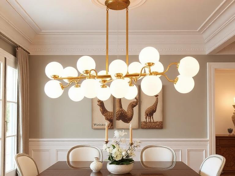 Linear Chandelier — Brass & opal glass, supplied and installed by Upstairs Construction & Design