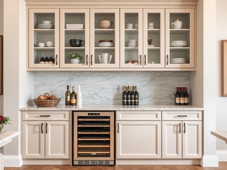 Servery Dry Bar — Stone & oak, supplied and installed by Upstairs Construction & Design
