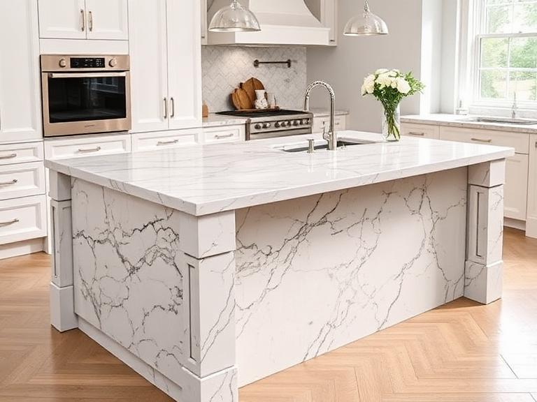 Slab Island Waterfall — Quartzite, supplied and installed by Upstairs Construction & Design