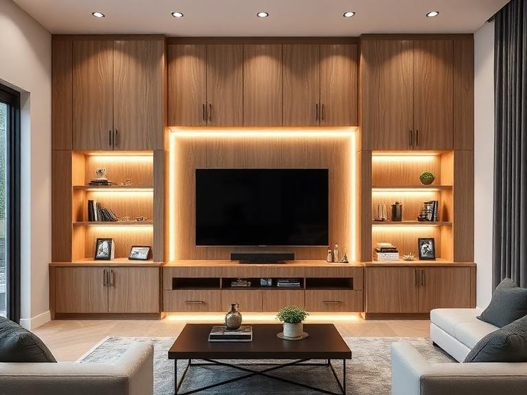 Orrin Media Millwork — Fluted oak, supplied and installed by Upstairs Construction & Design