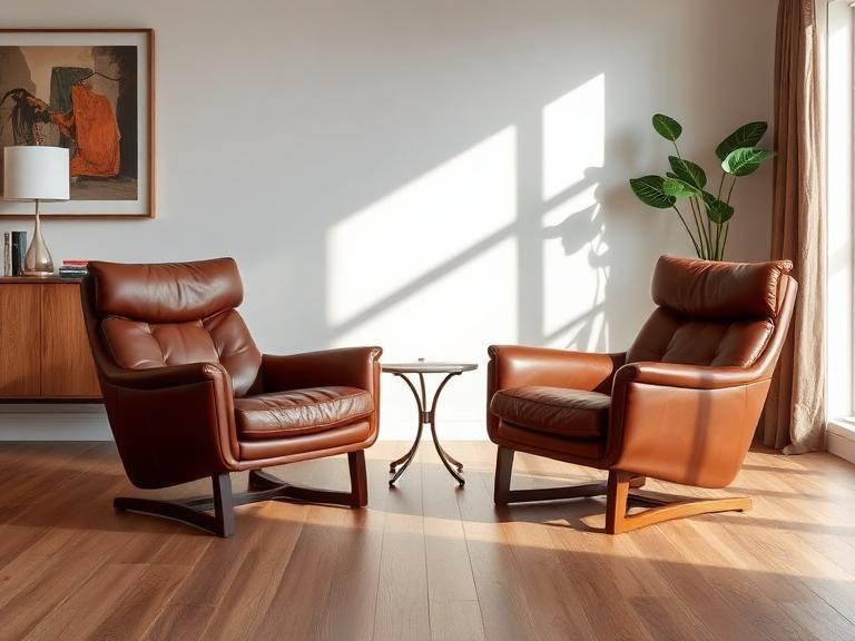 Marlow Lounge Chairs — Leather & walnut, supplied and installed by Upstairs Construction & Design