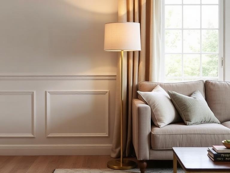 Halo Floor Lamp — Brass & linen, supplied and installed by Upstairs Construction & Design