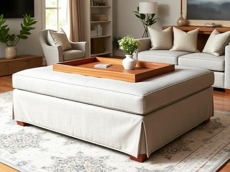 Drift Ottoman — Linen & walnut, supplied and installed by Upstairs Construction & Design